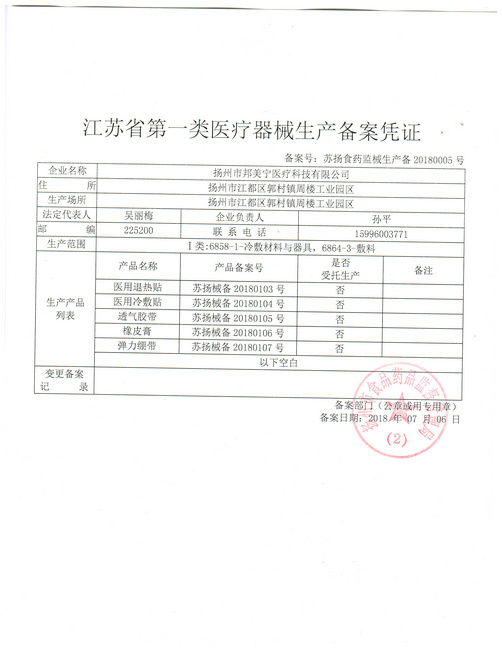 一类医疗器械生产备案证